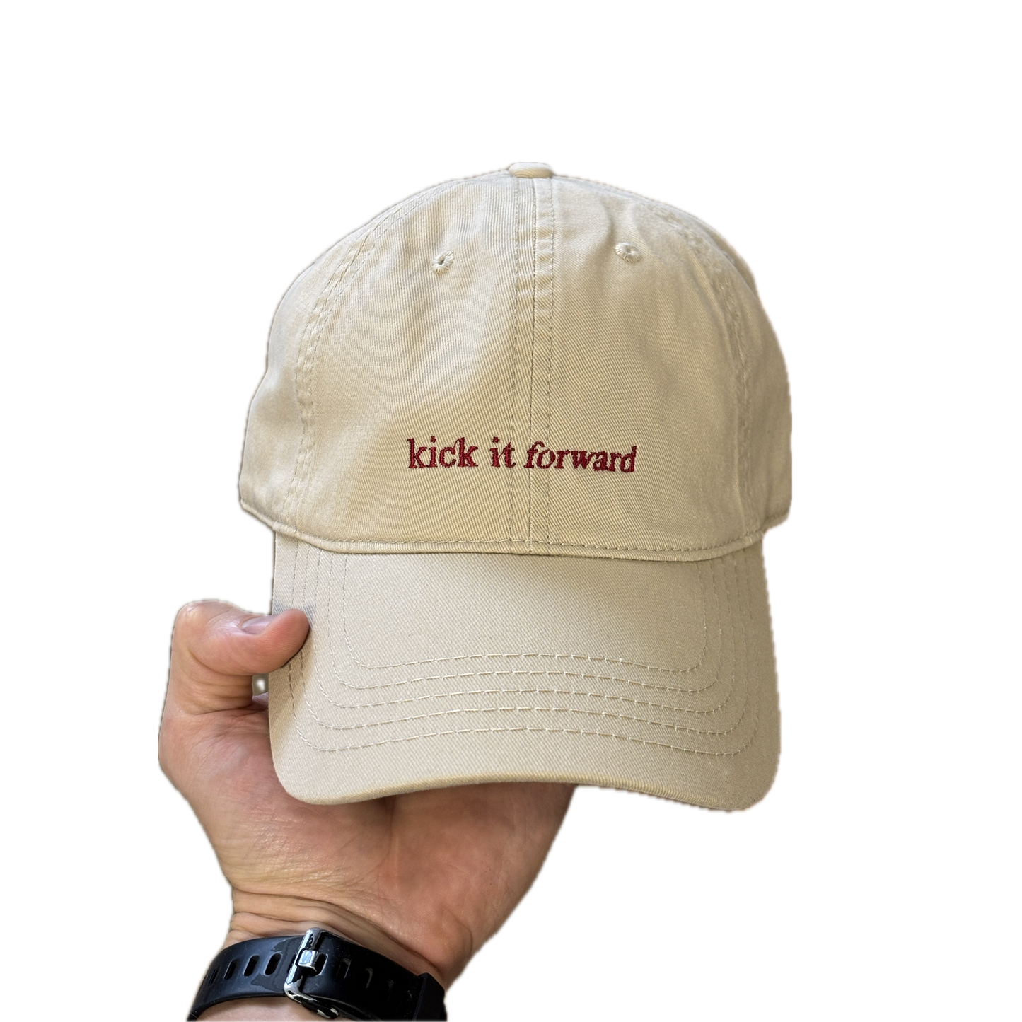 Kick it Forward red text on cream cap